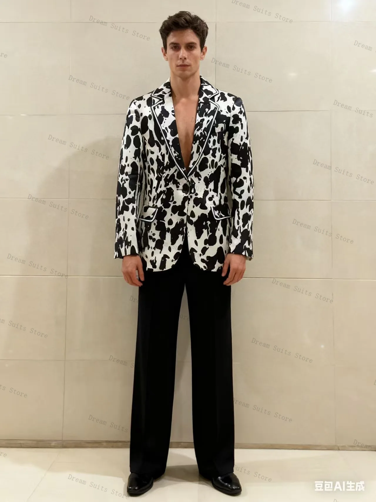 

Animal Cow Pattern Men Suit Set 2 Piece Blazer+Pants Trousers Customized Formal Business Office Jacket Wedding Tuxedos Coat