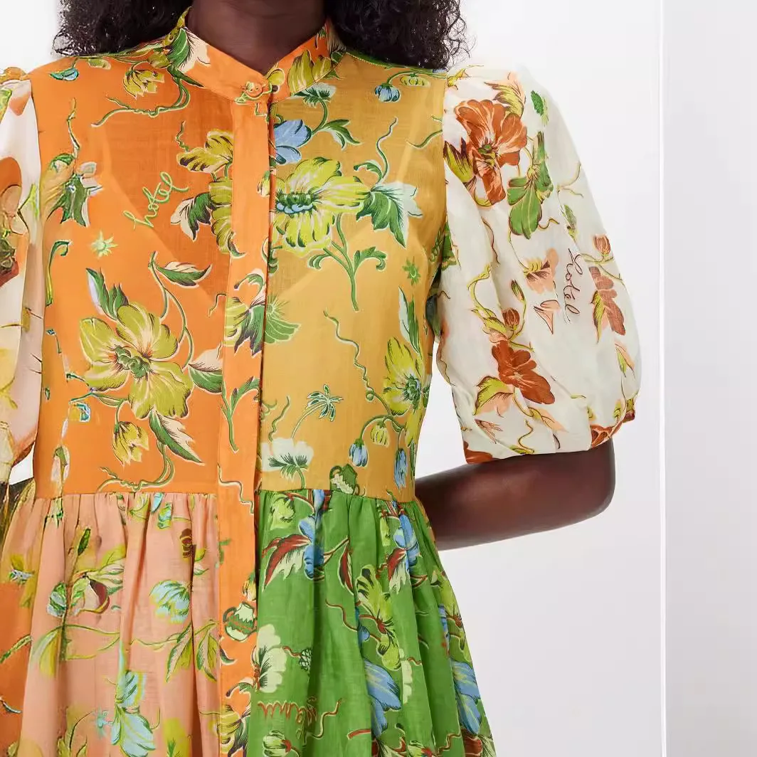 طباعة س الرقبة عالية الخصر فساتين طويلة للمرأة عطلة الشاطئ الكتان س الرقبة قصيرة الأكمام ألف خط فستان ماكسي Partyclub #4