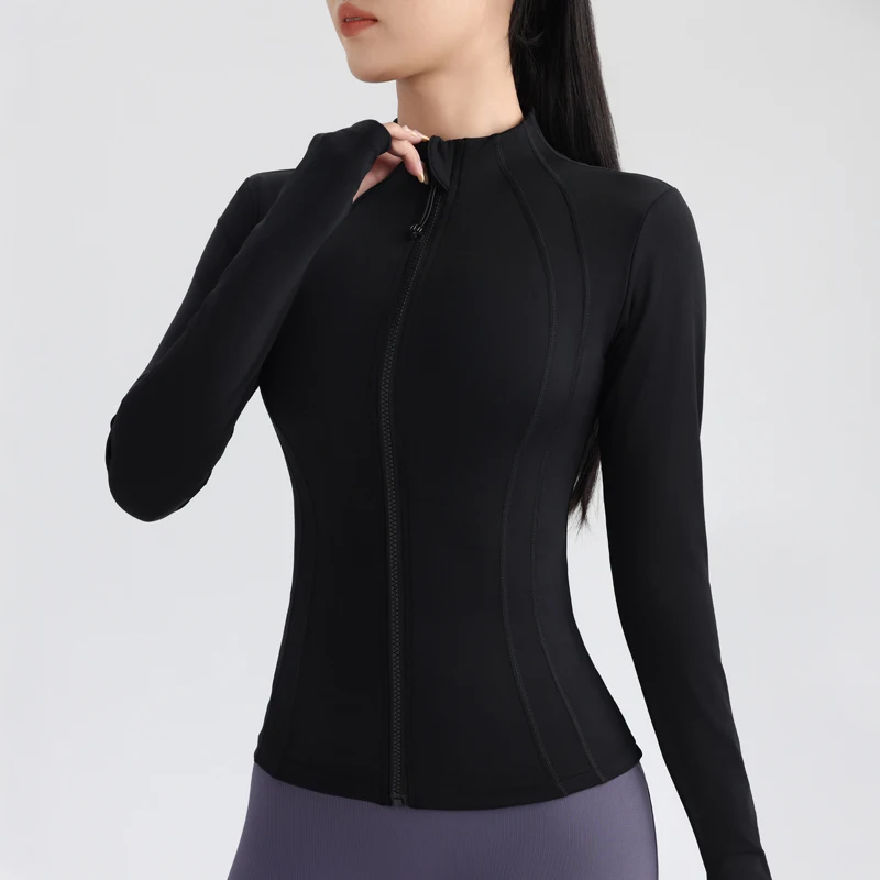 Haut de yoga à fermeture éclair complète pour femme avec trous pour les pouces, veste de course de fitness, manches longues, col rond, sport