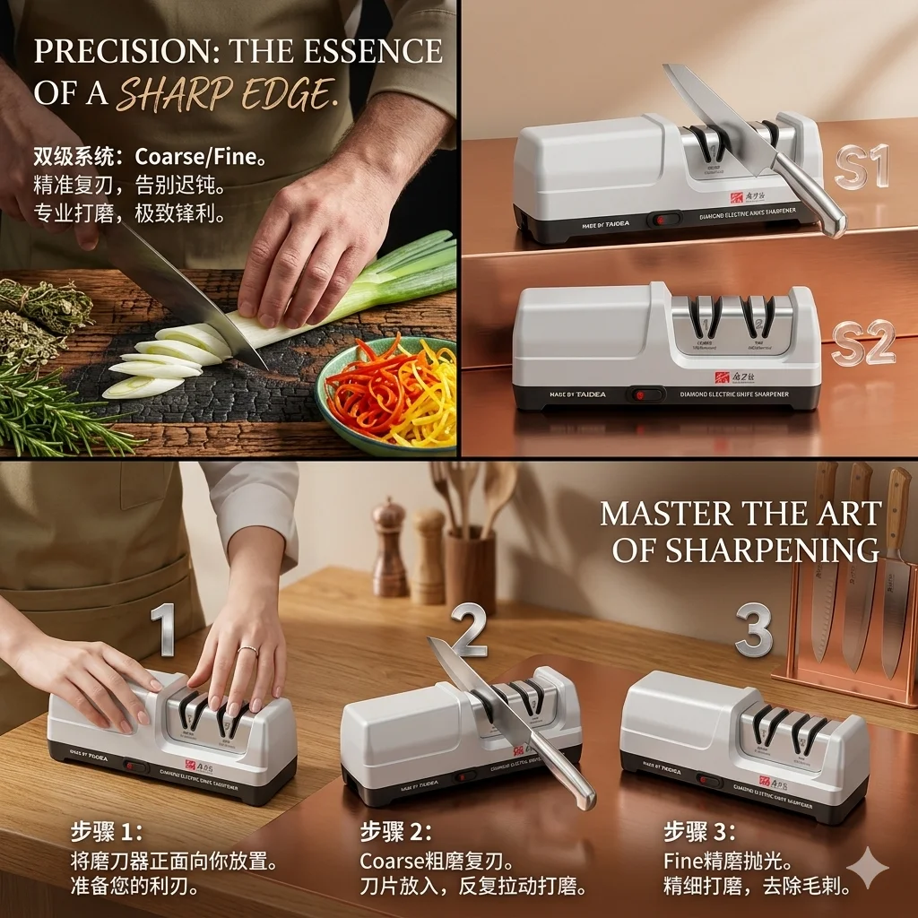 

Электрическая точилка для кухонных ножей, 100% алмазный абразив, 20 ° Прецизионная заточка, быстро восстанавливает остроту лезвия