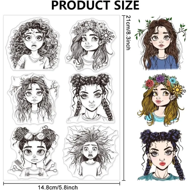 1Sheet Woman Hair Clear Stamps Transparent Woman Funny Hair Backgrounds Silicone Stamps Variety Woman Portrait Stamps for DIY