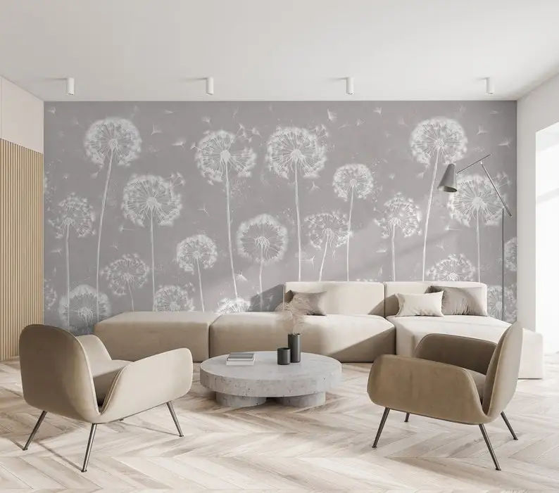 Dandelion Wallpaper Peel and Stick | Monochrome Soft White Floral Wall Mural | Pastel Bright Flower Wall Mural Kids Room