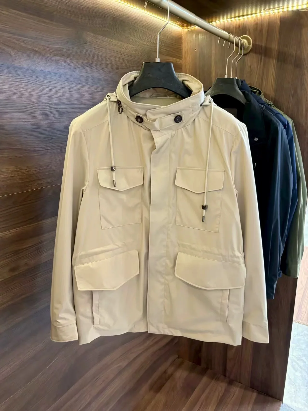 

Ele Italian Sle Men's Wool Jaet with Hidden Hat Mid-Length Hunt Coat Stand Fit Long Sve Zipper Closure Pure Color