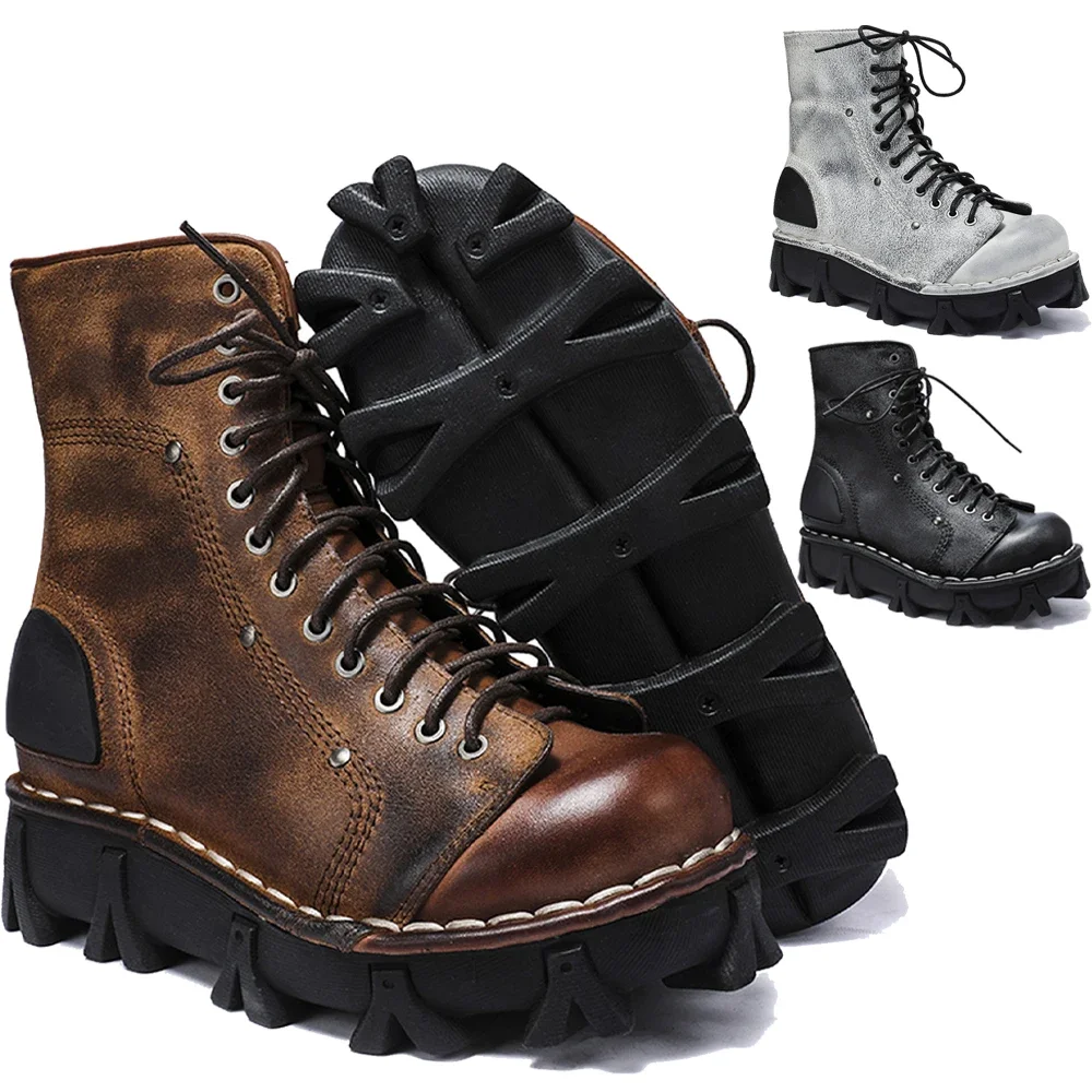 Fashion Men's Genuine Leather Winter Western Cowboy Boots Mid-calf Skull Goth Punk Platform Motorcycle Boots Tactical Round Toe