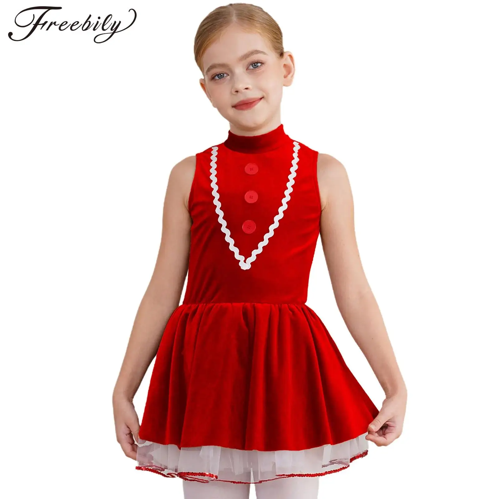 Kids Girls Christmas Gingerbread Man Costumes Santa Outfits Velvet Ballet Figure Ice Skating Dress Christmas Dance Dress