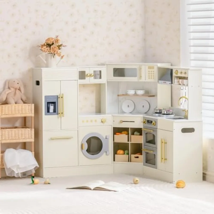 

Kitchen Playset: Corner Wooden Play Kitchen with Fridge, Oven, Sink, Microwave Washer; Realistic Lights Sounds; Natural Wood Fi