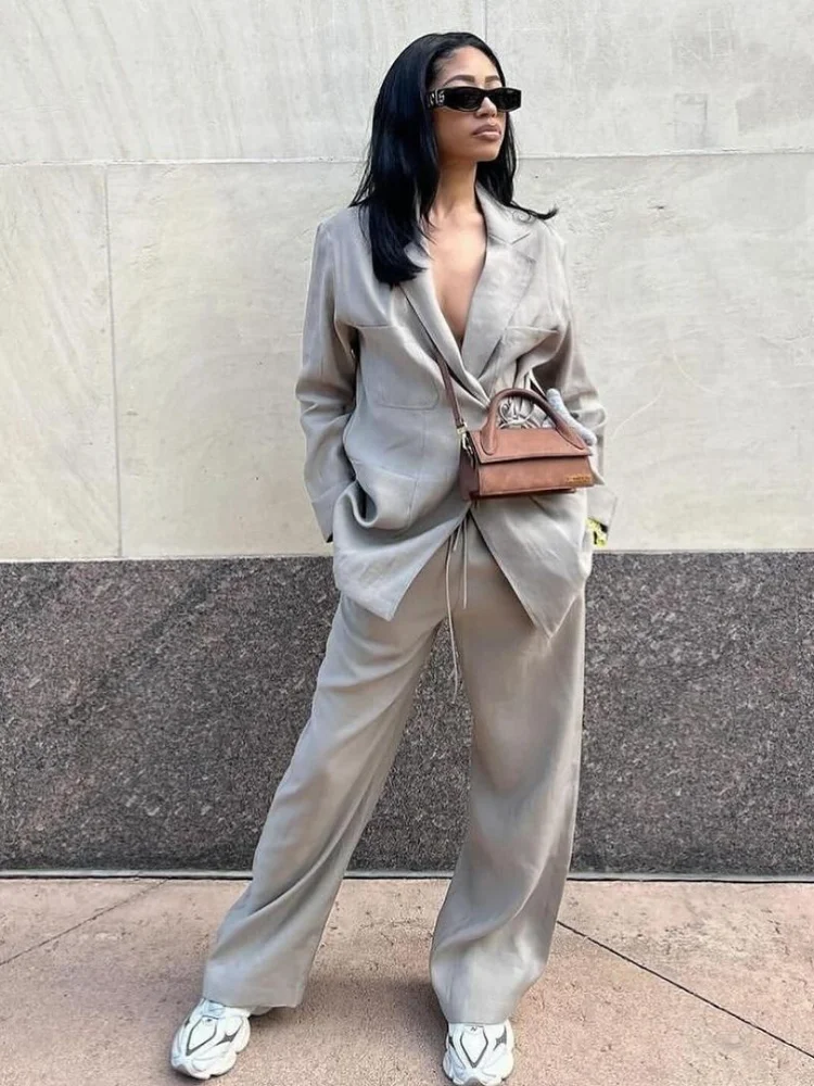 2024 Casual Women Solid Loose Blazer Set ElEgant Lapel Lace Up Long Sleeve Wide Leg Pants Suit Office Lady Commuting Outfit