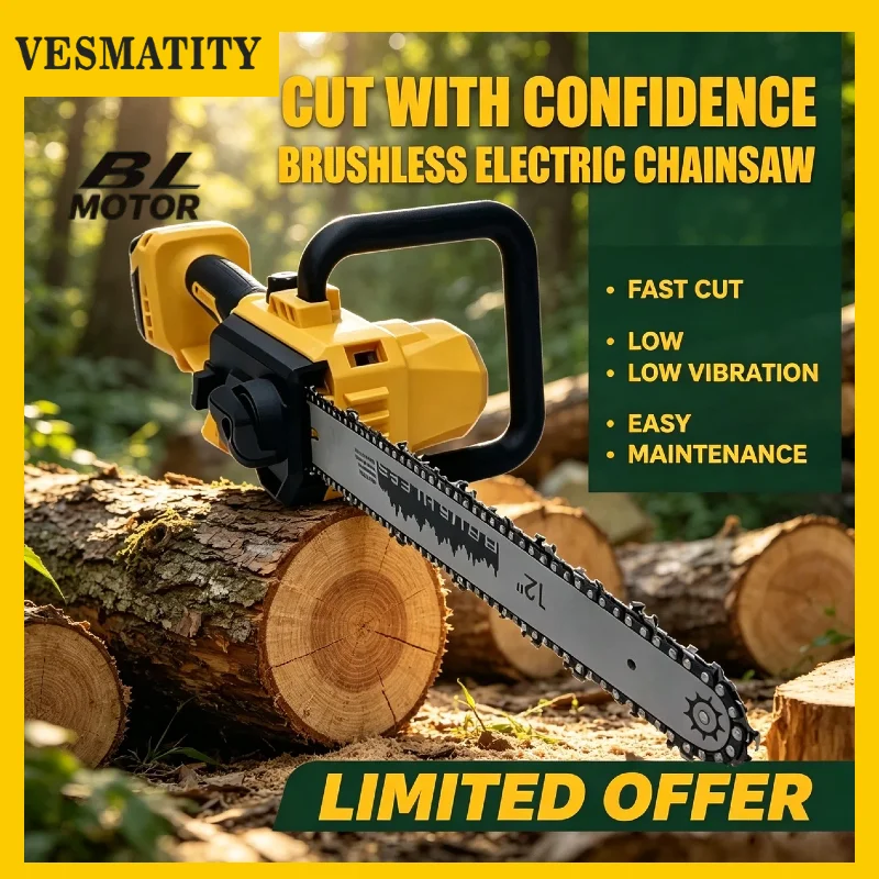 Vesmatity Cordless Chain Saw Automatic Oiler Chainsaw Tree Cutting Logging Electric Saw Tool for Dewalt 18V 20V Battery Max Pro