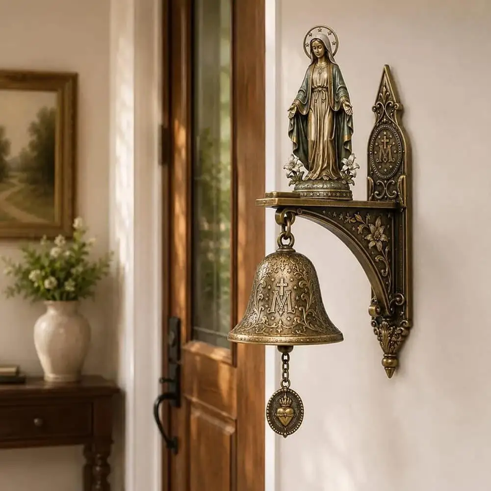 Our Lady of Grace Bronze Miraculous Medal Wall Bell -Resin Figure Wall Bell Hanging Church Home Decor Garden Porch