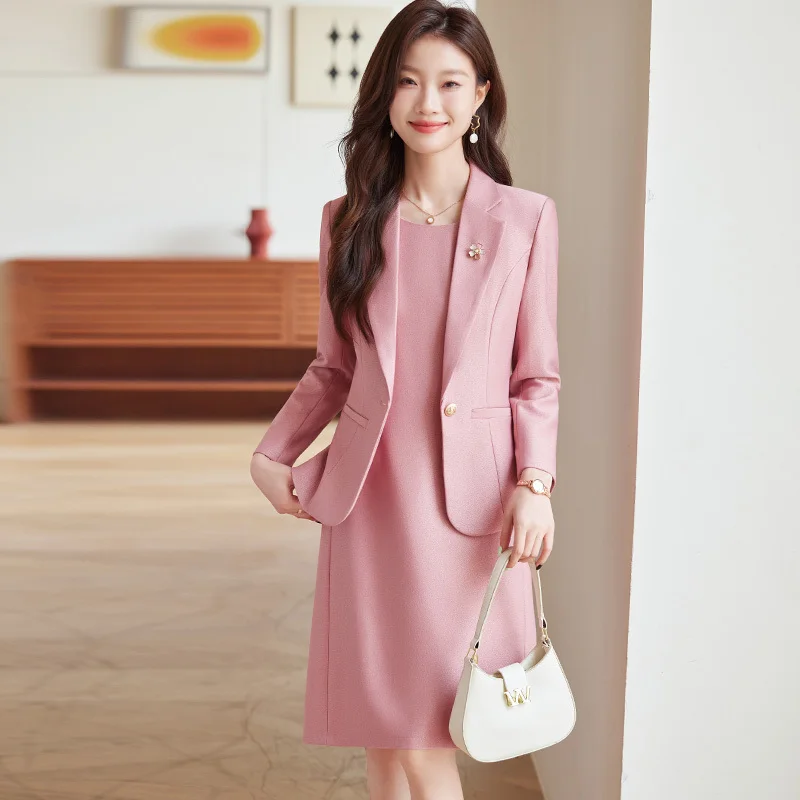 Elegant Pink Formal Women Business Suits Female Blazers Autumn Winter Professional Work Wear with Dress and Tops Career Outfits