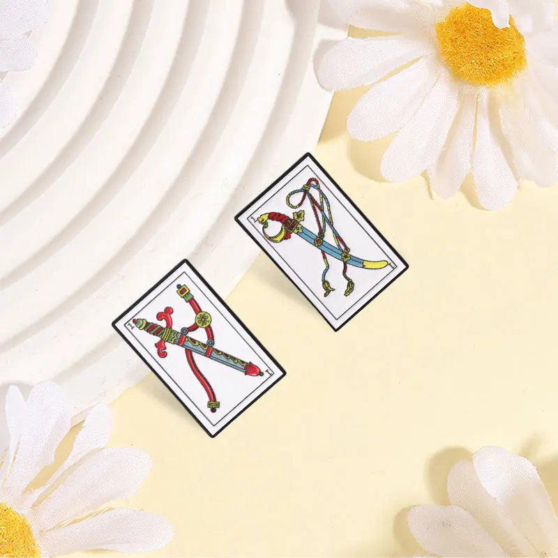 Spanish Playing Card Sword Ace Enamel Pin Vintage Tarot Style Curved Blade Colorful Ribbons Brooch Mystic Jewelry Lapel Badges