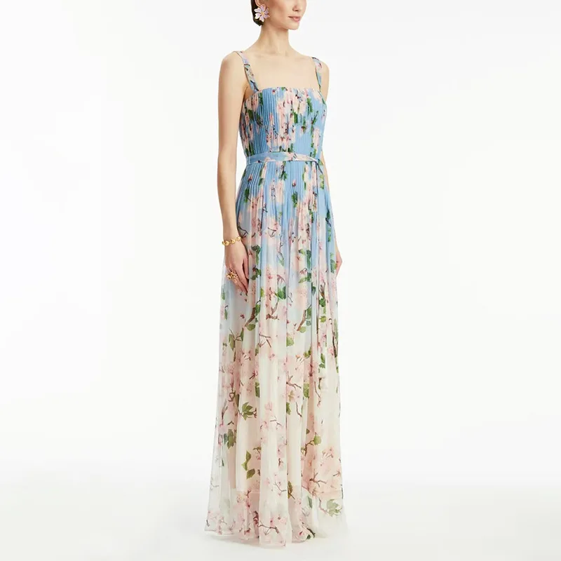 

French Style Printed Casual Long Dress2025New Sleeveless Waist-Cinching Slimming High-End Long Dress Summer