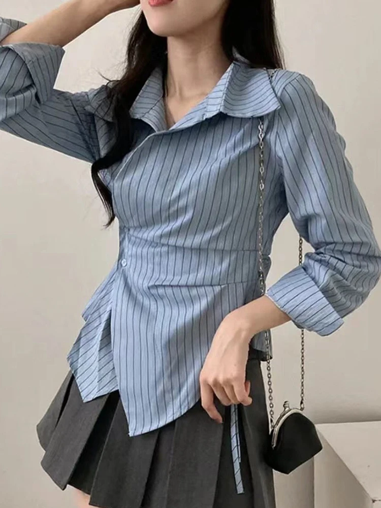 Jmprs Fashion Slim Striped Shirt Women Elegant Korean Long Sleeve Blouse Casual Irregular Female Spring Sweet Chic All Match Top