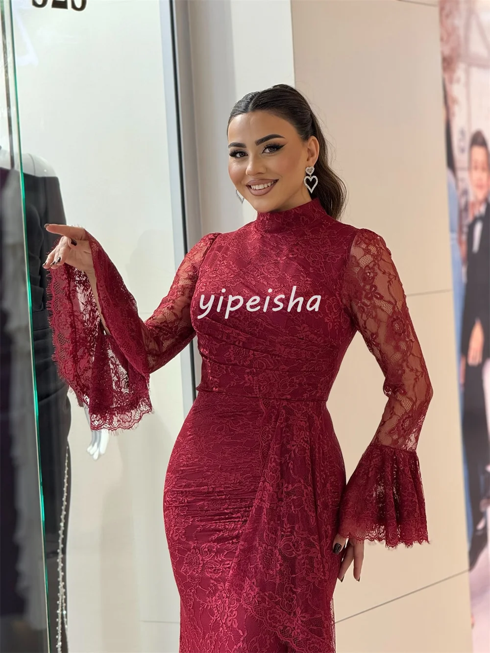 Tallas personalizadas disponibles Vestidos largos de cuello alto de sirena plisados de encaje de alta calidad Vestidos para ocasiones a medida Estilo chino Retro