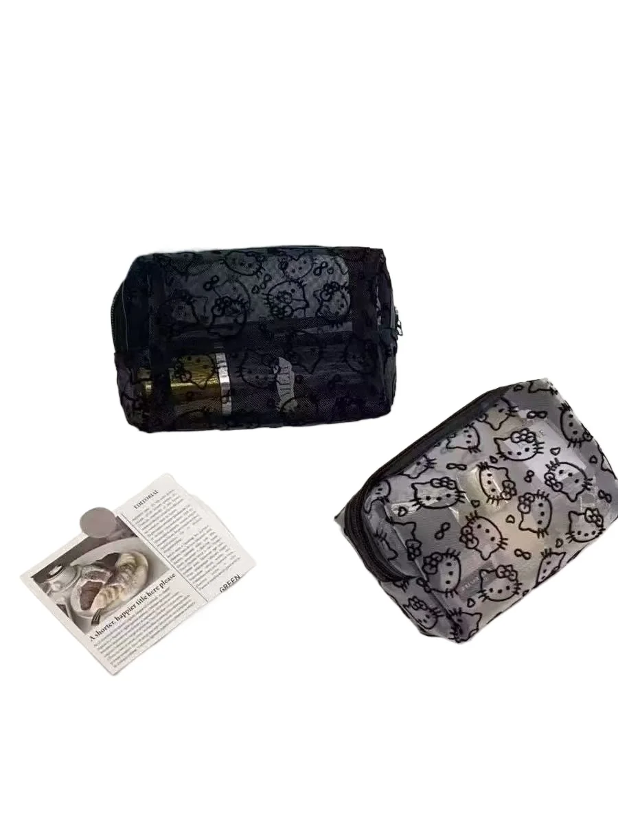 Kawaii Schwarze Katze Muster Netz-Make-up-Aufbewahrungstasche, Tragbare Reise-Toilettentasche – Detail 2