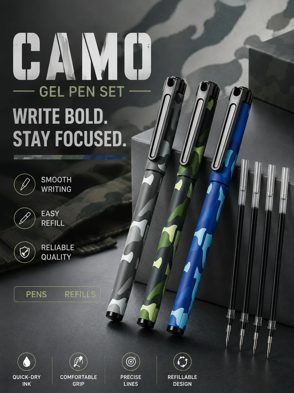 WQN Combo Set Pen - Replacement Gel Pen Refill, Camouflage Style, Specially for Soldiers, 0.5mm Fine Tip, Smooth Writing