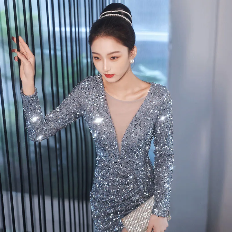 

DongCMY Luxury Sequin Evening Dress New 2024 High-end Sexy Temperament Fishtail Dance Grey Dress Women