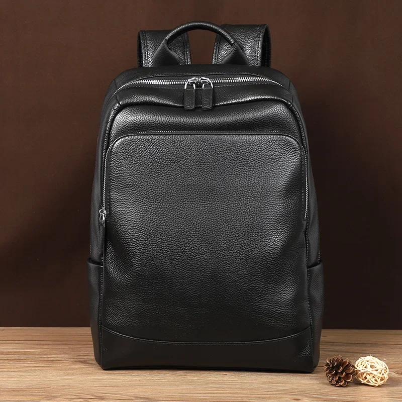 Mn-Sac à dos en cuir véritable pour homme, grande capacité, sac pour ordinateur portable décontracté