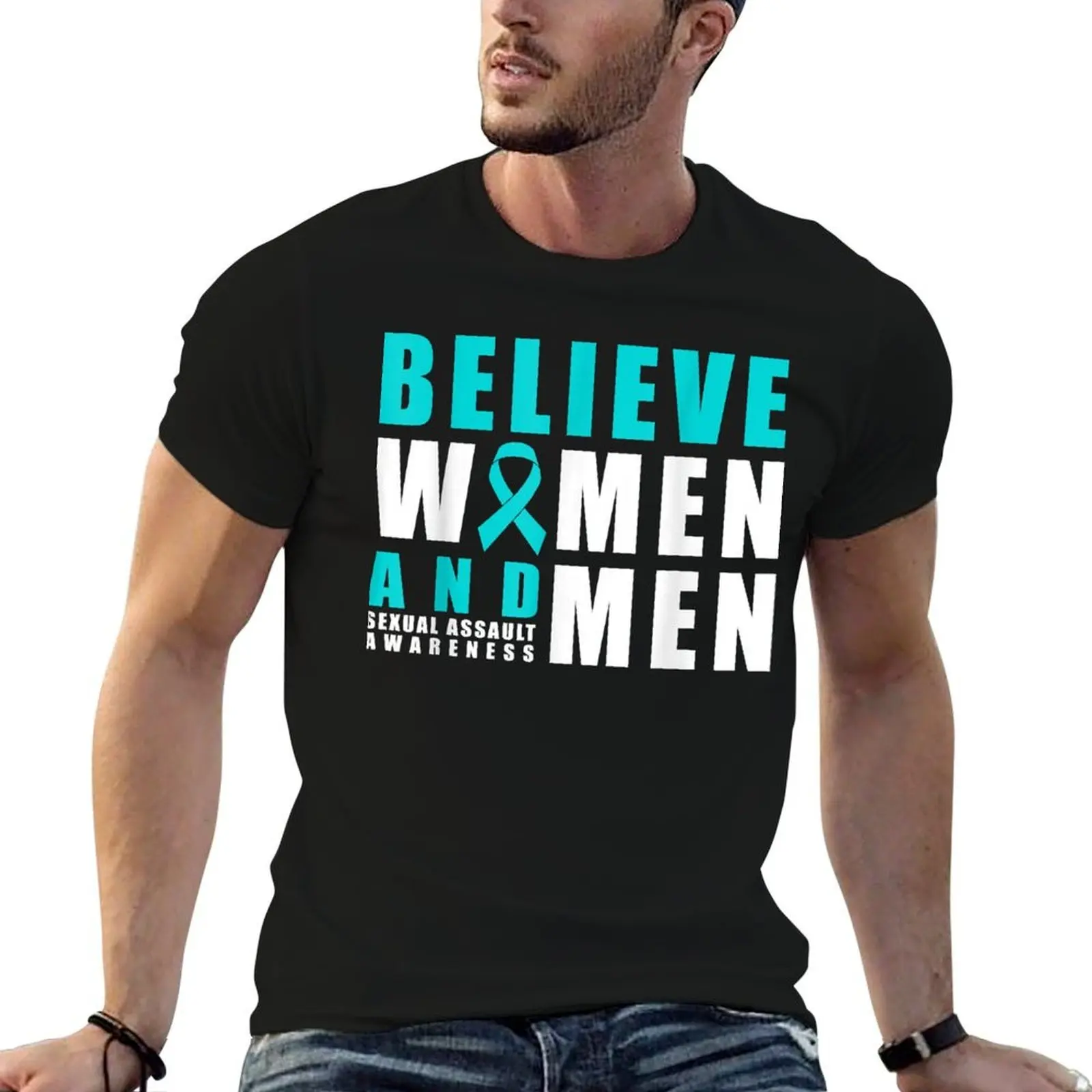 Belive Women & Men Sexual Assault Awareness Ribbon T-Shirt funny shirt cotton oversized graphic tee black t shirts for men