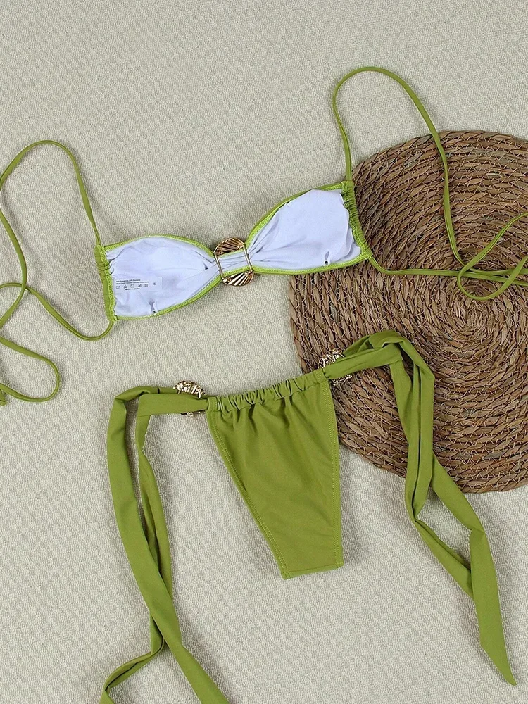 UETEEY 2025新作 サマービキニセット セクシーなシェル装飾 レースアップビキニ ツーピースセット レディース 無地 スプリット水着 ビーチビキニ