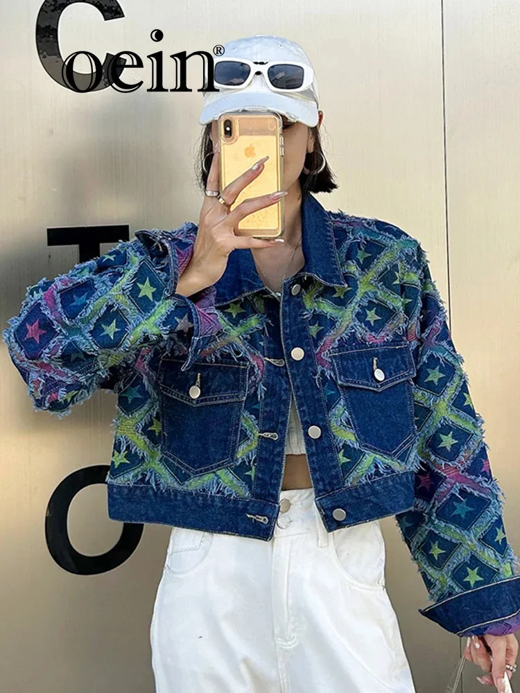 

Женская джинсовая куртка [oein], черная повседневная короткая куртка с комбинированным низом, Новинка осени 2024