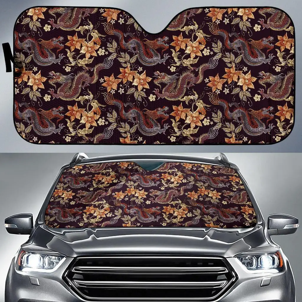 Chinese Floral Dragon Pattern Print Auto Sun Shade Car Windshield Window Cover Sunshade