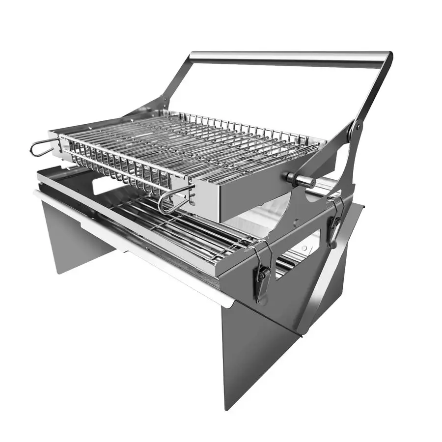 360 drehbarer Holzkohlegrill mit Klappkorb, Räuchergrill aus Edelstahl 304 für Camping, Heckklappe und Outdoor-Abenteuer,