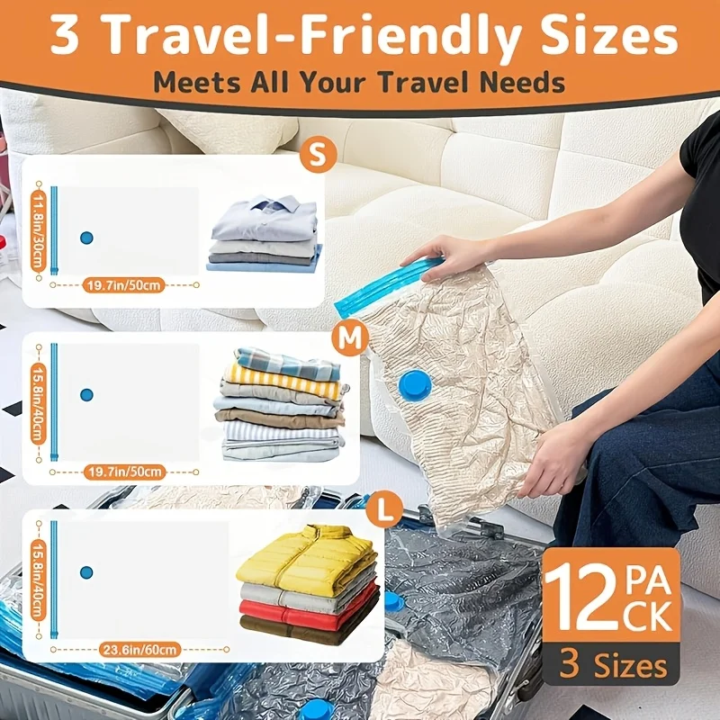 12 Vacuum Storage Bags (4x40x60cm, 4x40x50cm, 4x30x50cm) with Electric Pump, Space Saver Bags for Clothes and Bedding