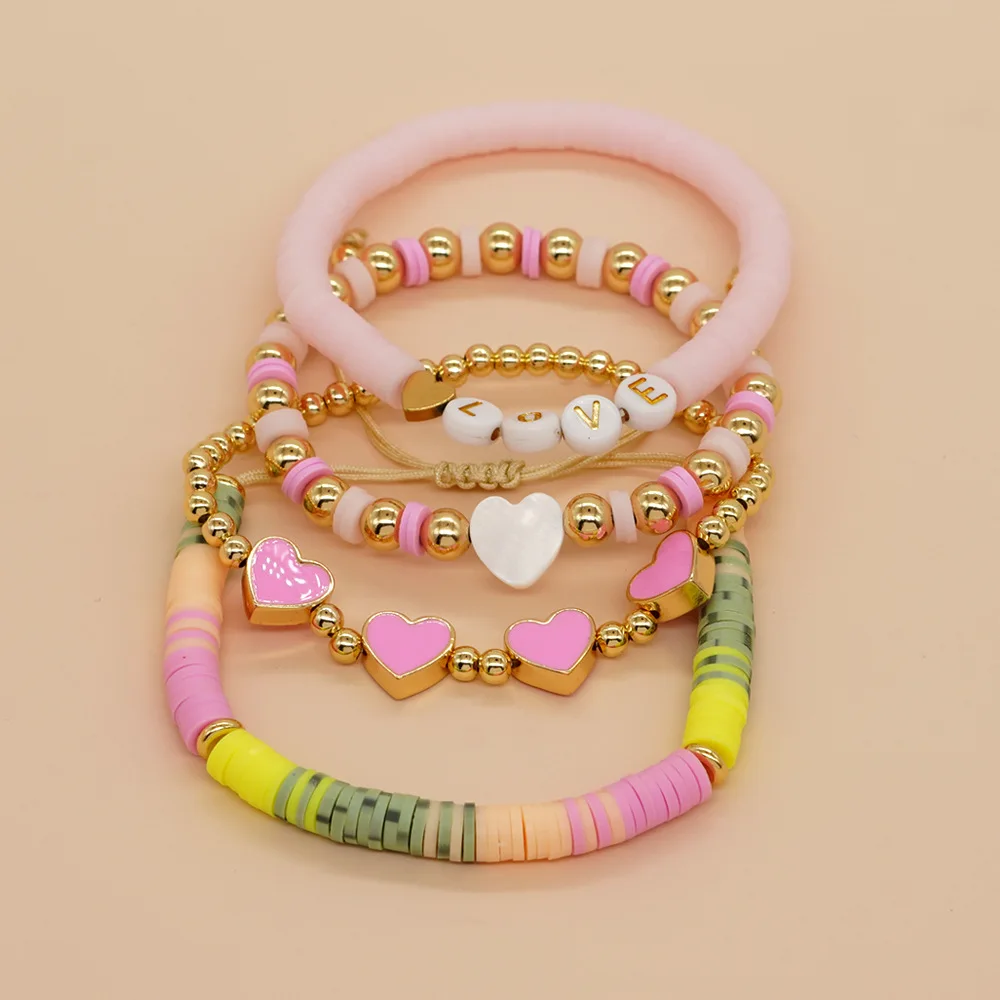 Bohemian Colorful Soft Clay Bead Pulsera Women Charm Heart Handmade Friendship Fashion Jewelry Gold Plated Copper Bracelet Set