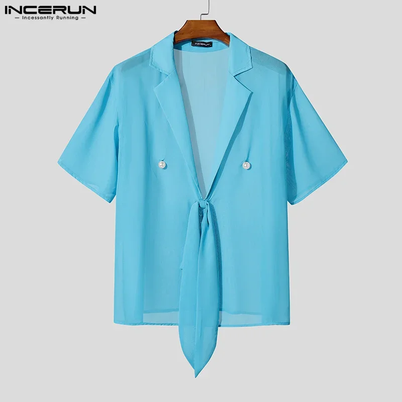 

INCERUN Summer Men Shirt Mesh See Through Lapel Short Sleeve Lace Up Male Shirts Streetwear 2025 Sexy Loose Fashion Men Clothing