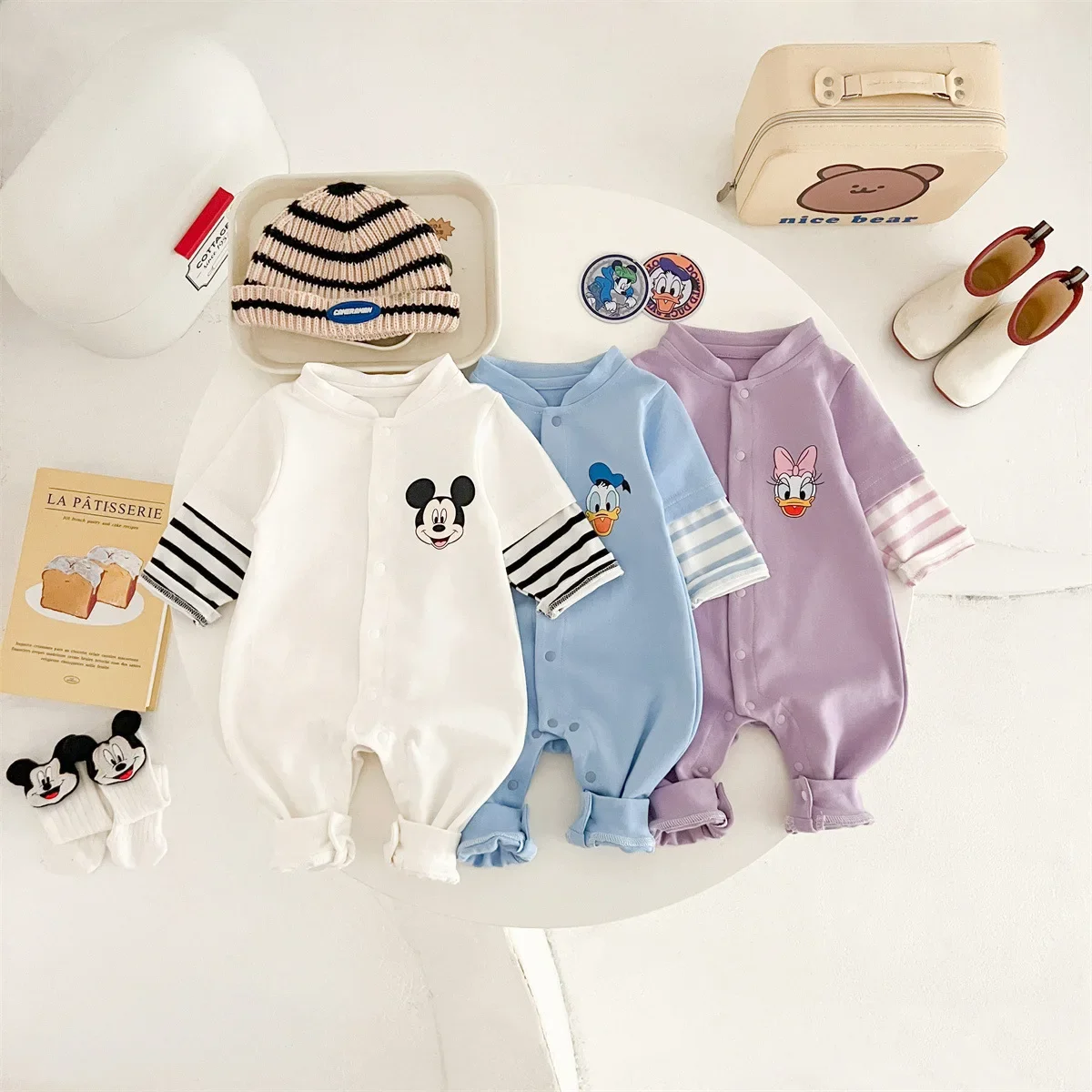 Spring Autumn Newborn Baby Boy Romper Girl Clothes Cartoon Mickey Donald Daisy Print Cotton Long Sleeve Jumpsuit Toddler Outfits