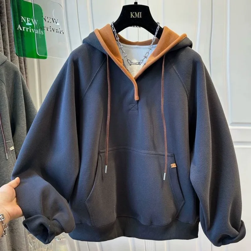 

Свободная толстовка с капюшоном контрастного цвета на шнурке, осень-зима, тонкая повседневная толстовка с капюшоном