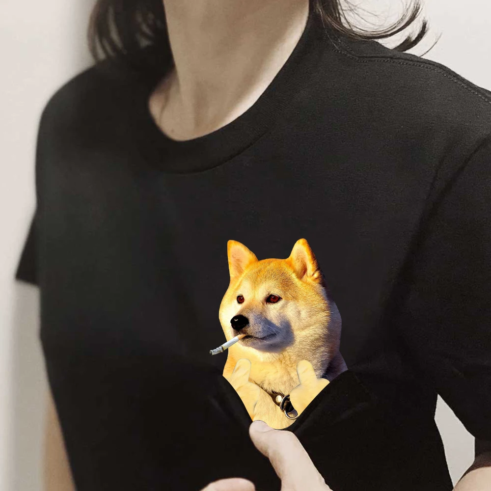 CLOOCL Shiba Inu Cotton T-shirts Animals Smoking Double Middle Fingers Printed Tees Summer Short Sleeve Shirts Women Clothing view 2