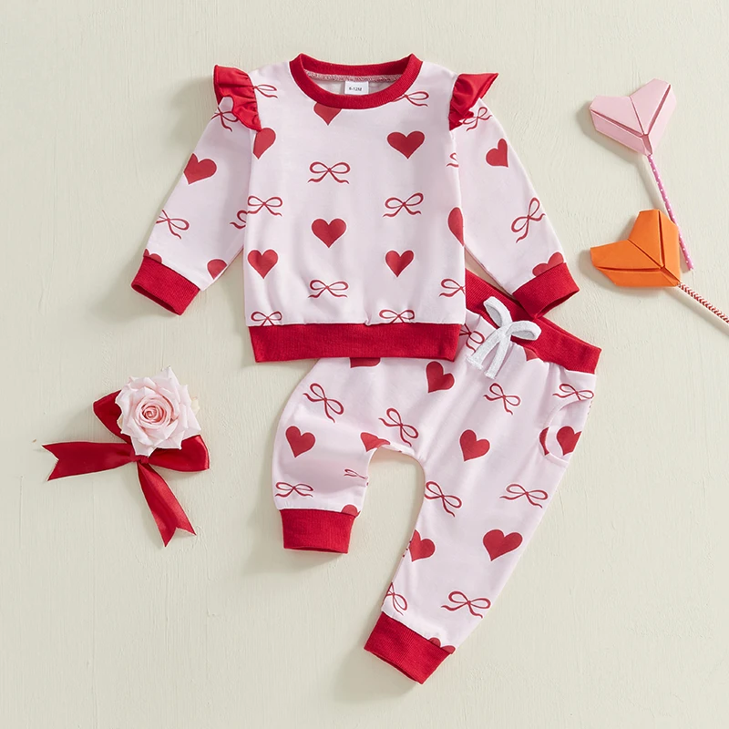 0-3Years Toddler Baby Girls Outfits for Valentine's Day Bow Heart Print Ruffle Long Sleeve Sweatshirt and Elastic Pants Set 2PCS