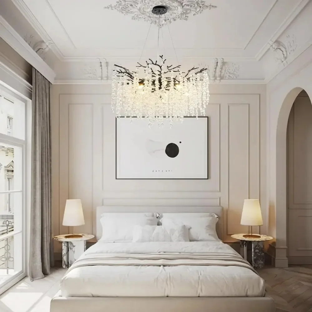 

Роскошная хрустальная люстра, подвесной светильник - черное золото, серебро для гостиной, спальни, кухни, обеденного стола, длинная круглая ветка, дизайн