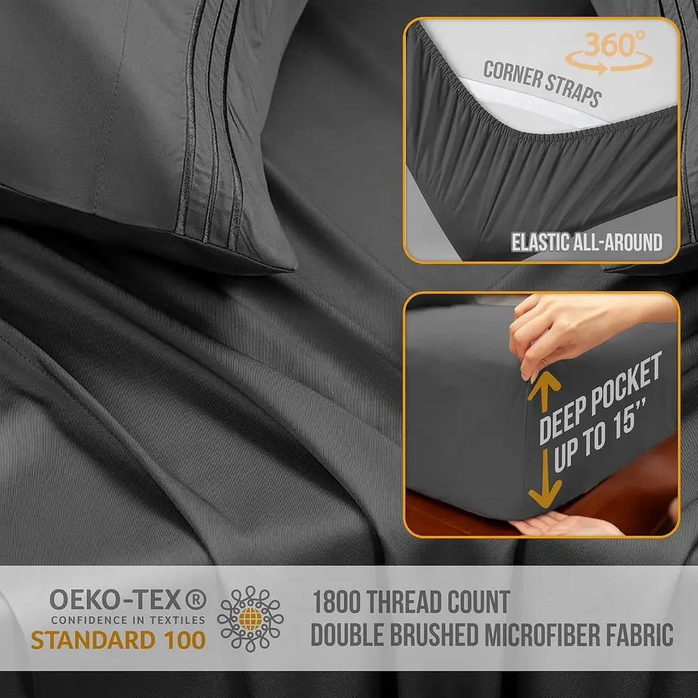 طقم ملاءات سرير كوين فاخرة - ألياف دقيقة تبريد ناعمة مع أشرطة مرنة، جيوب عميقة، 4 قطع، رمادي