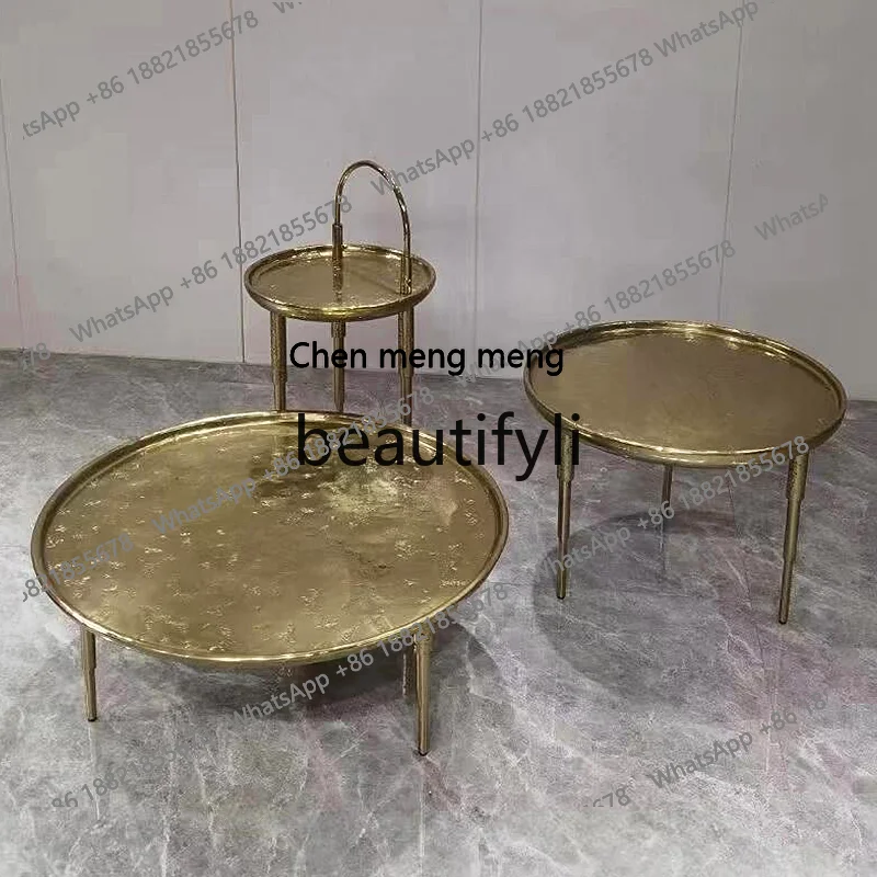 Minimalist pure copper coffee table light luxury round set living room sofa side small round table