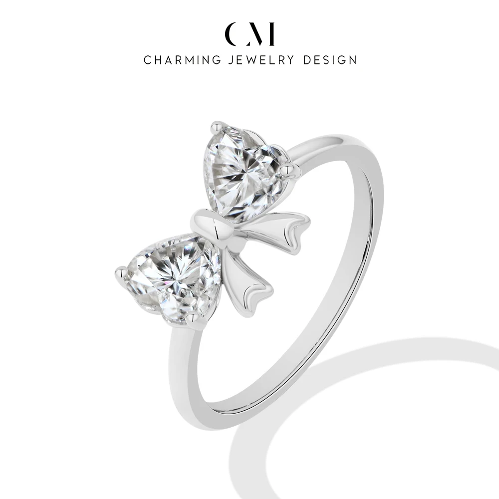 CHARMING 2026 Cute Romantic Bowknot Heart Moissanite Ring S925Silver forWomen party Sweet love Birthday Gift Anniversary Wedding