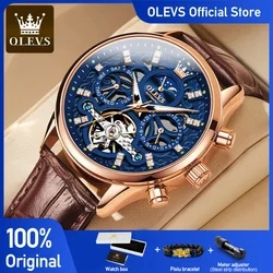 OLEVS Top Brand Men's Watches Fashion Skeleton Tourbillon Automatic Mechanical Wrist Watch for Men Waterproof Leather Strap New