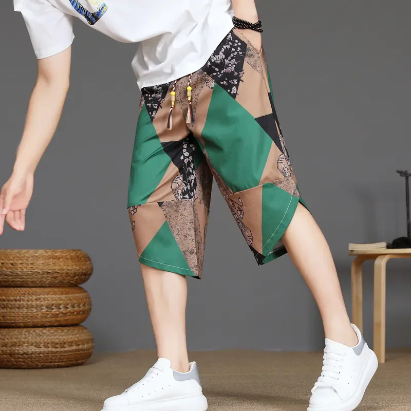Men's Cropped Pants Summer Thin Breathable Ice Silk Shorts Chinese Loose Large Size Harun Casual Trendy Breeches