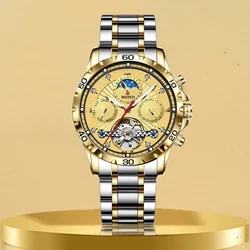 GLENAW Original Luxury Brand Automatic Watch for Men Mechanical Gold Stainless Steel Strap Diamond Wrist Watches with Date Day