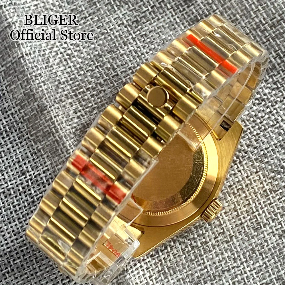 BLIGER 36mm 39mm NH35 Silver Gradient Green Dial Gold Diamond Index Automatic Watch Sapphire Crystal Polished Link Strap