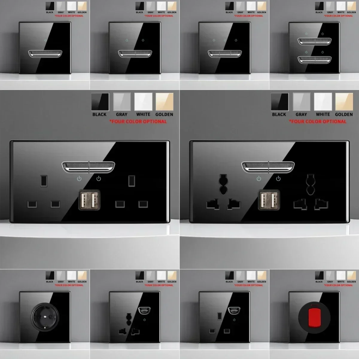 Tempered glass switch socket Self-reset1 2 3 4gang European standard British standard wall panel with indicator light2usb Socket