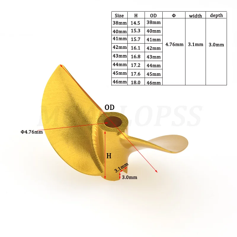 CNC Aluminium Golden 4.76mm 3/16'' Propeller 2Blades Screw Left/Right D38/40/41/42/43/44/45/46mm 1pc for RC Cat Boat Shrimp Boat