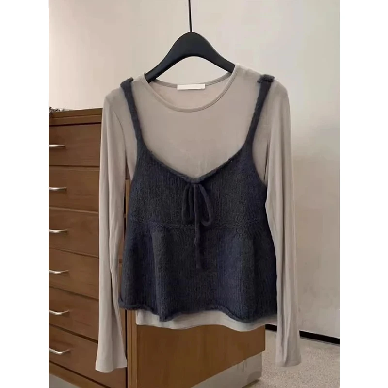 เสื้อกล้ามถักสีพื้นสไตล์ลำลองสำหรับผู้หญิง ทรงหลวม ใส่สบาย ระบายอากาศได้ดี เหมาะสำหรับวัยกลางคน แฟชั่นฤดูใบไม้ร่วง