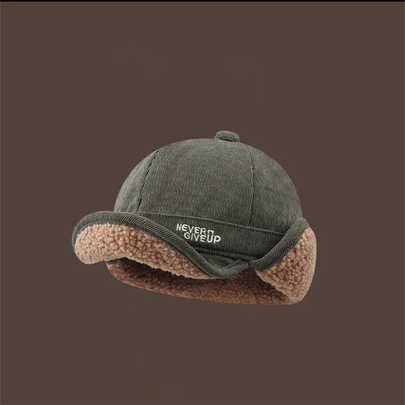 Winter Lamb Wool Warm Ear Protection Baseball Cap Men and Women Niche Fashion Letter Embroidered Corduroy Soft Brim Flying Hat