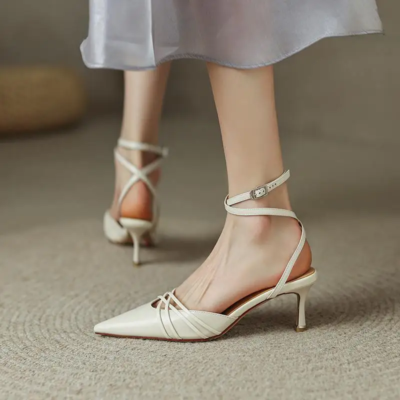 Krazing Pot Full Grain Leather Pointed Toe Stiletto Street Wear High Heels Ankle Straps Summer Hollow Out Wedding Beauty Pumps