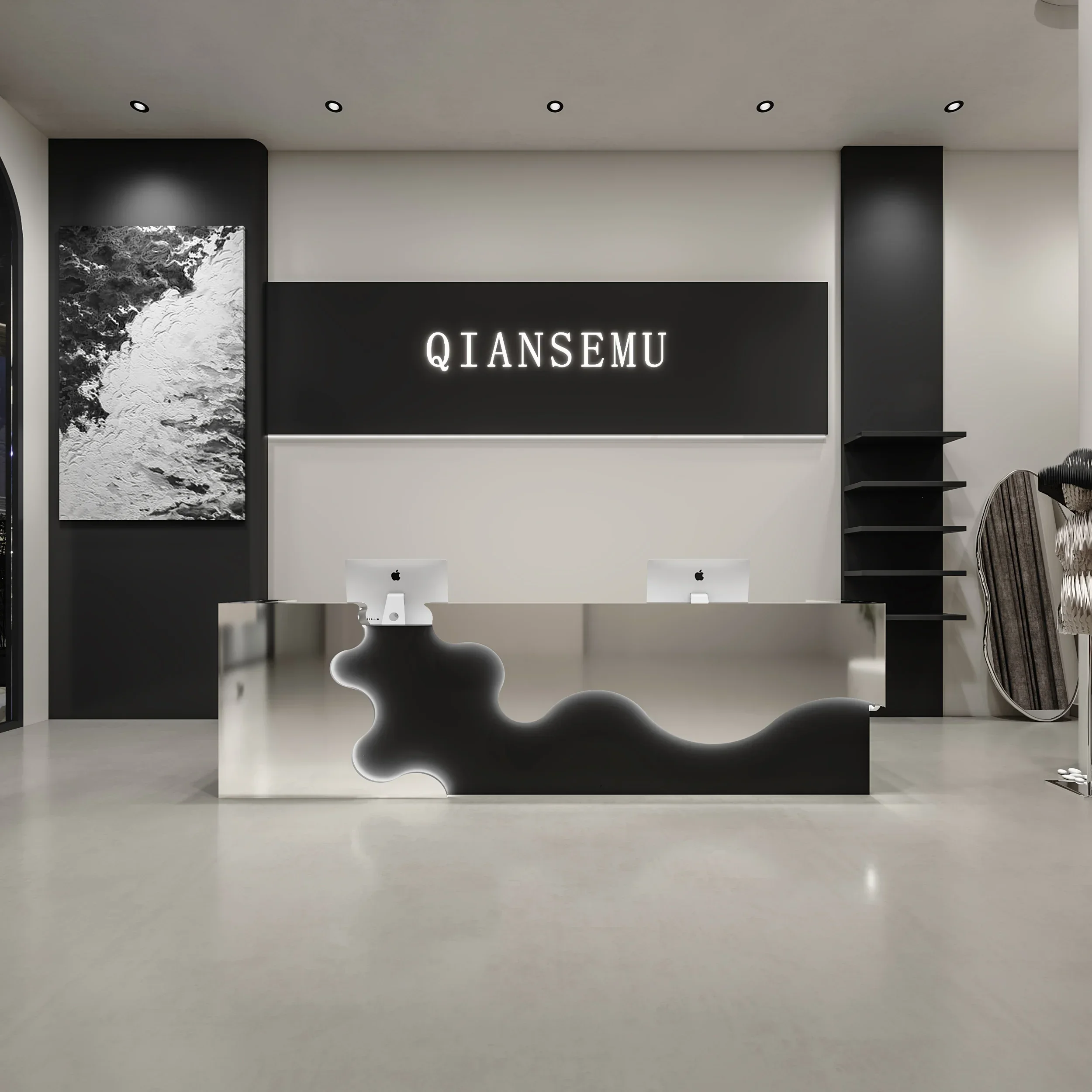 A  Modern simple stainless steel clothing store checkout page company reception desk beauty salon store small bar