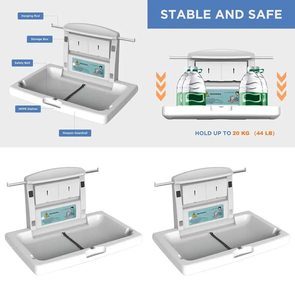 

Wall-Mounted Horizontal Foldable Baby Changing Station with Safety Strap for Bathrooms, White