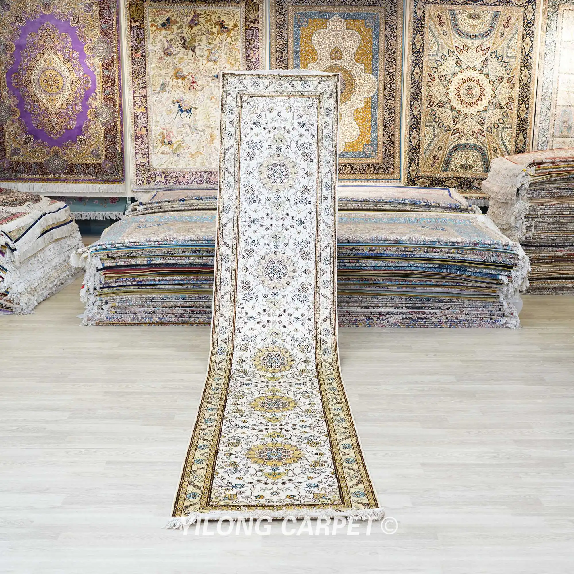 76x366cm Handmade Silk Carpets Runners Hallway White Stair Rugs Sale (YHW320AB)